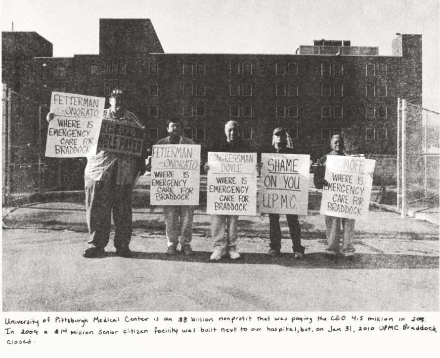 Protest in Braddock, PA, against closing of UPMC Baddock.