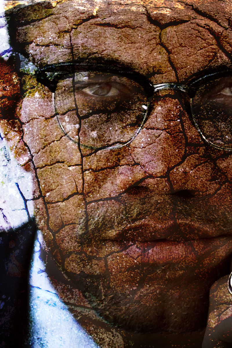 Composite Image created by overlaying an original image of an ancient igneous rock over a portion of widely circulated photo of Malcolm X.