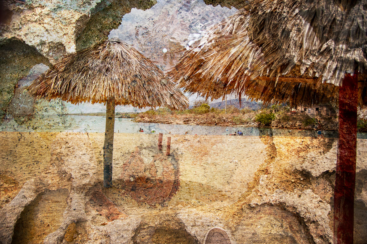 Composite Photo of beach at La Boca. Texture is of fossilized Coral from a nearby formation.