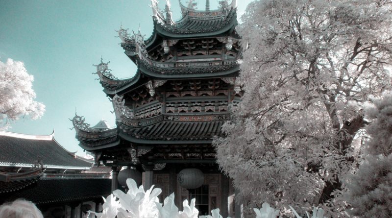 False color Infrared image of Lower Pagoda Putuo Temple, Nanputuo, Xiamen, Fujian, China