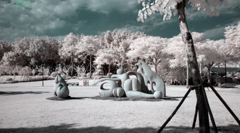 Infrared photo of Modern sculpture in Bailuzhou Park (or White Ibis Park)