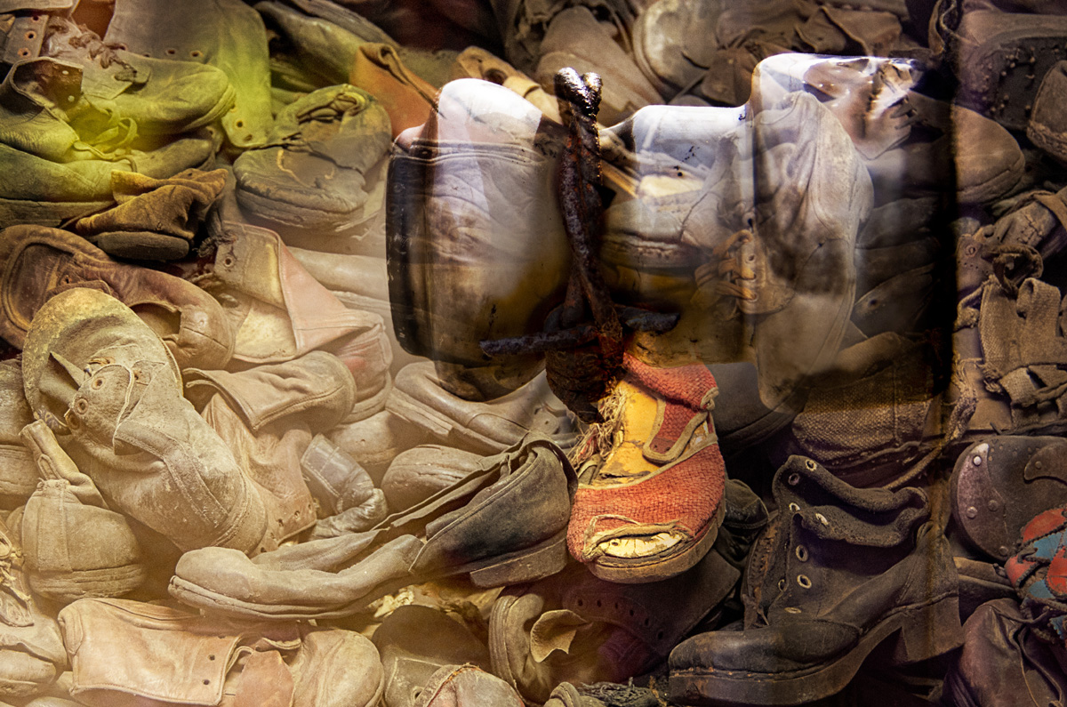 Composite based on the pile of shoes stolen from  victims of the Holocaust 