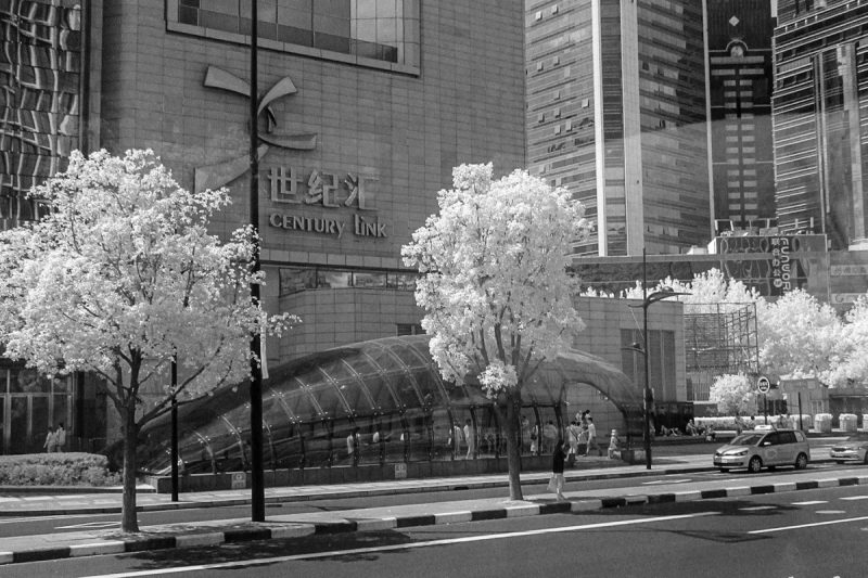 Glass cocoon-like Subway Entrance, Shanghai. Infrared Photograph