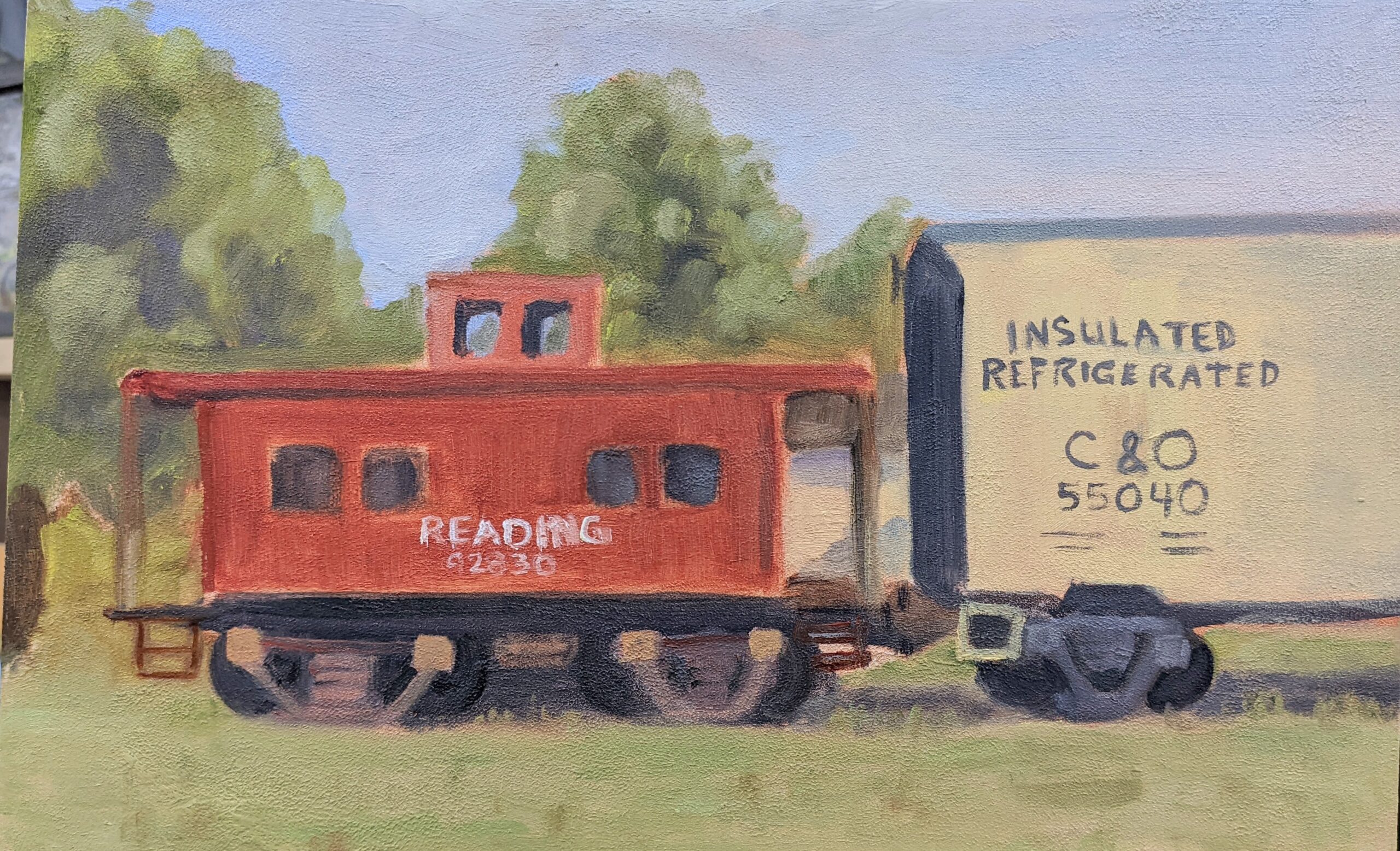 Kempton Caboose, parked in the Kempton station of the WK&S rail yard. Oil on Panel 12 x 8.