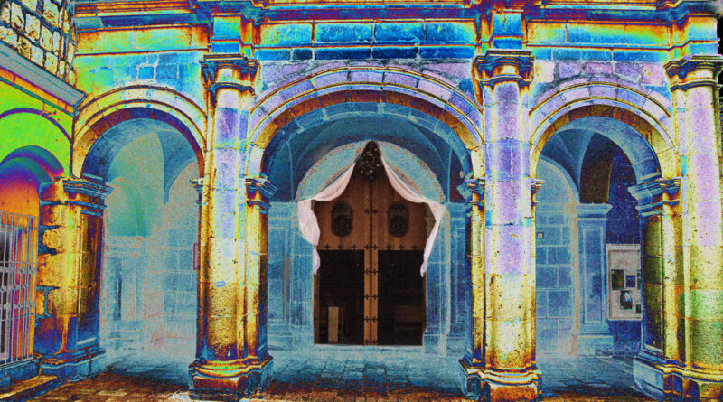 Holy Mother Shrouded in Mercy and Grace • Solarized image of doorway at Parroquia Del Carmen Alto in Oaxzca, Mexico. Shroud over doorway suggests a Holy MOther figure.