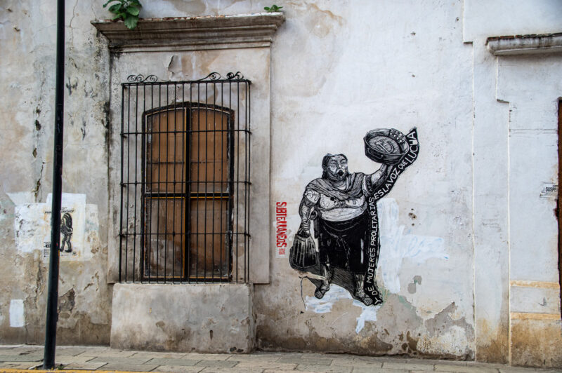 Painting on wall of a woman holding a basket. working class women are the voice of the struggle. In the style of Mexican revolutionary artists.