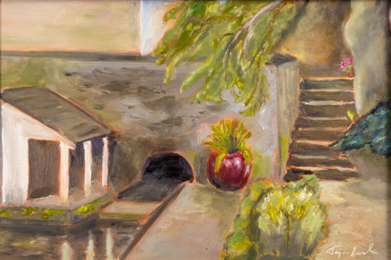 Under a sycamore. plein air painting of a spring running under a stone house at Sycamore Spring Farm, Leesport, PA