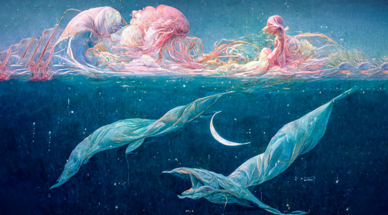 Sailing the High Seas with Blue Mermaids and Pink Dolphins - AI Generated image