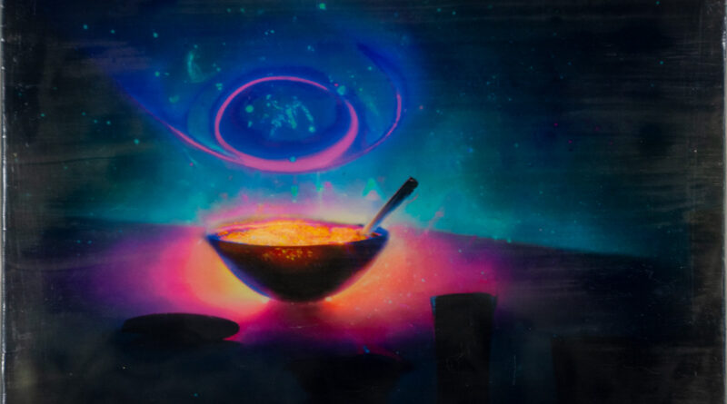 Alchemy I, Generative AI, golden bowl of broth as portal to another dimension