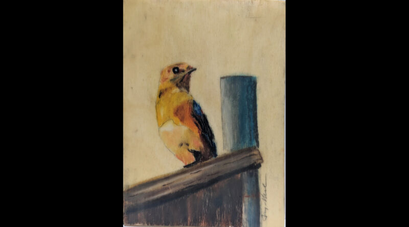 No 12. Bluebird on Box II • Chalk Pastel adn Encaustic on Birch panel 5 x 7