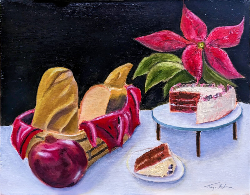 Still life painting. oil on panel. Begun before the holiday but completed during the 30 day challenge.