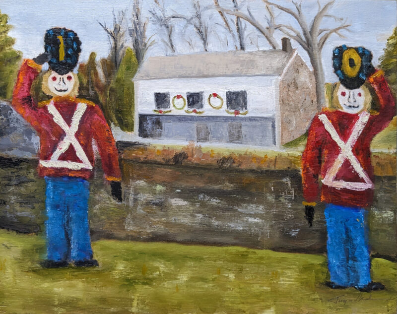 No 7 Tinsel soldiers at Gring Mill. Plein Air painting of Christmas display at Grings Mill. Oil on Panel