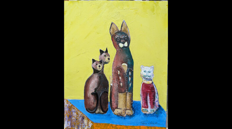 Cat Carvings Still Life Oil on Panel,m 14 x 11