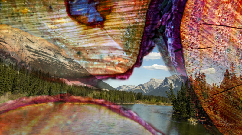 Layered composite Photograph - Cutting Through the North Woods. Scene of the Rockies along a river near Banf, Alberta,Canada