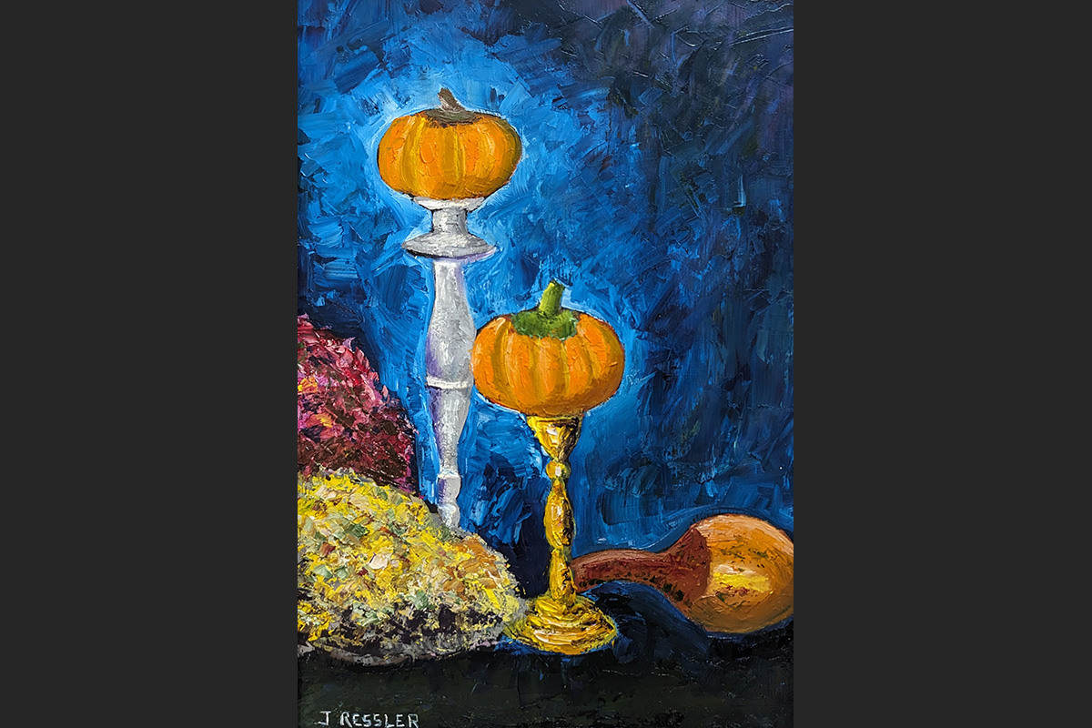 Squash and Candlesticks; 8 x 12, Oil on Panel