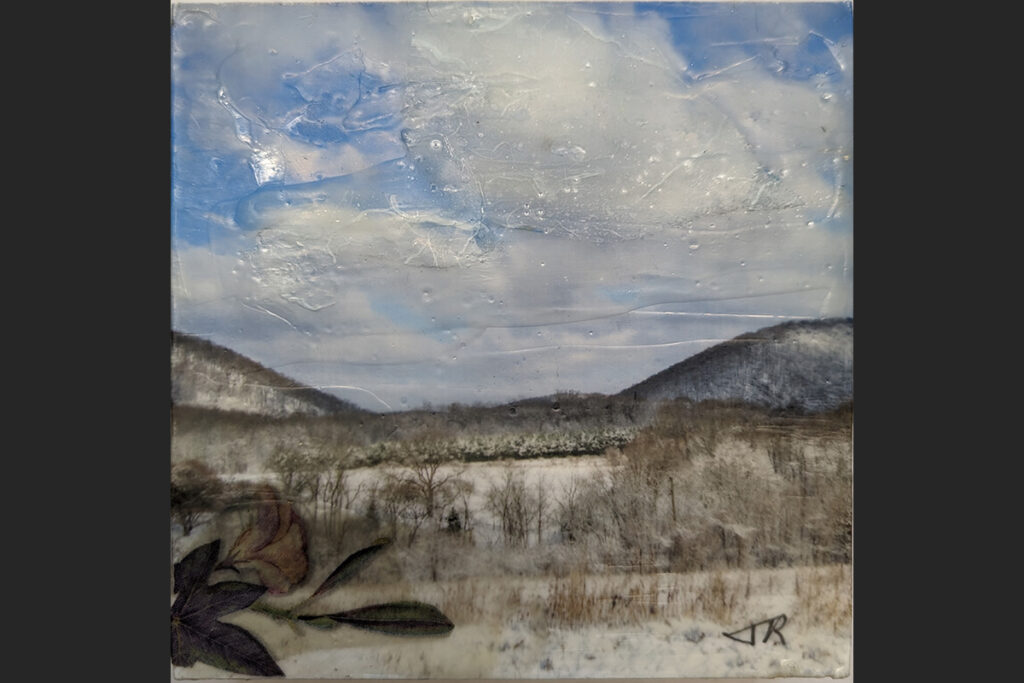 Schuylkill River Gap Dusted • Encaustic Collage 5 x 5 Cradle board