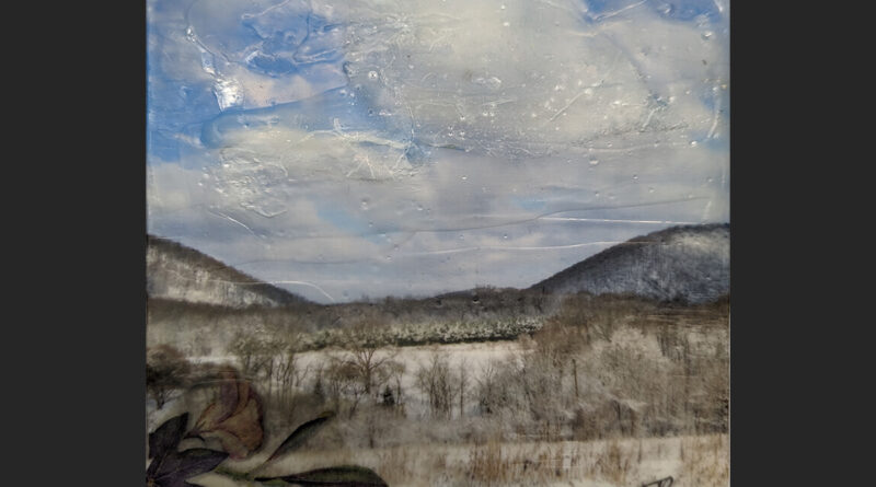 Schuylkill River Gap Dusted • Encaustic Collage 5 x 5 Cradle board