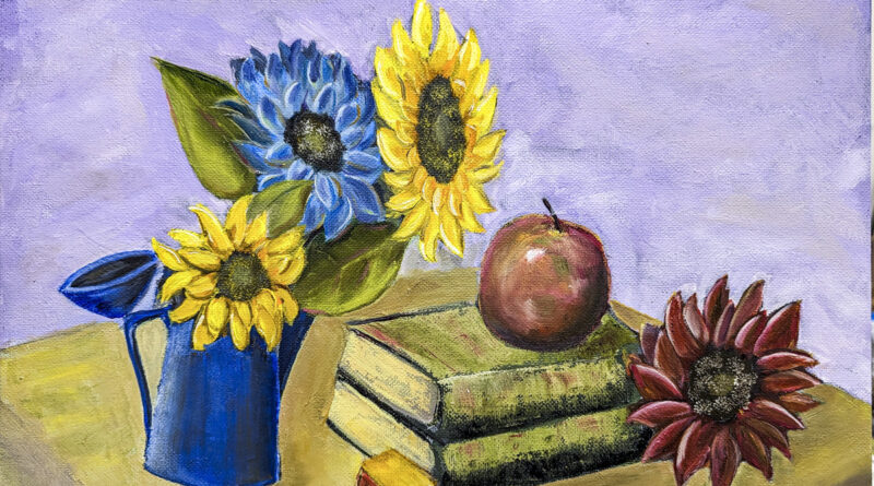 Sunflowers and Dickens • Mixed Media on Board 14 x 11